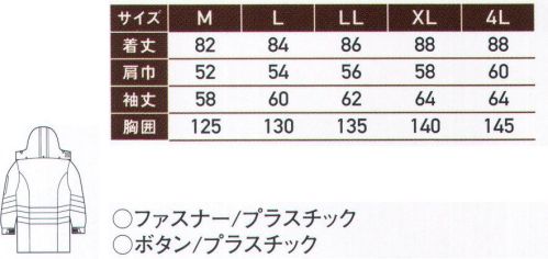 サンエス BO31501 高視認性安全服 防水防寒コート 上下着用で最高レベル class3適合！雨を防ぎ、汗(水蒸気)を発散【東レ Entrant®】使用秘密は汗(水蒸気)よりも大きく、雨滴よりも小さいミクロの穴。東レ・エントラント®の重要な鍵は特殊コーティング加工にあり、その皮膜は直径2～3ミクロン以下の微細な無数の穴が蜂の巣状につながった構造です。そのため汗(水蒸気)や熱はこの無数の穴から外部に放散し、『ムレ』や『ベトつき』などの不快感を少なくするとともに、雨滴より小さいこの微細な穴が激しい雨の侵入を防ぎます。更に、皮膜の外表面に特殊な撥水加工を施し2段防水構造を形成、雨や水を強力にシャットアウトします。再帰性反射材【ユニチカスパークライト】は、自動車のヘッドライトに反射します。反射材を装着することで、早朝、夜間、夕暮れ時、ドライバーからの視認性が飛躍的に向上し、あなたの安全をサポートする機能材料です。※この商品の旧品番は AG31501 です。 サイズ／スペック